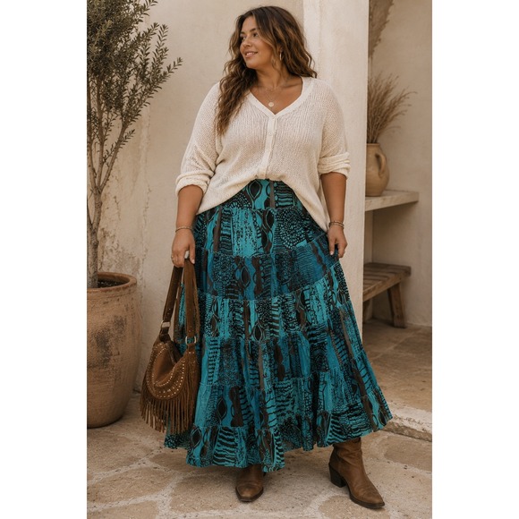 Sunny Leigh Dresses & Skirts - Sunny Leigh Turquoise Brown Abstract Tribal Tiered Maxi Skirt XL Boho Geometric